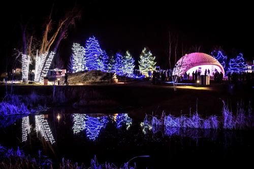 A nighttime scene featuring illuminated trees and a dome, reflecting in a calm pond. People gather in the festive atmosphere.