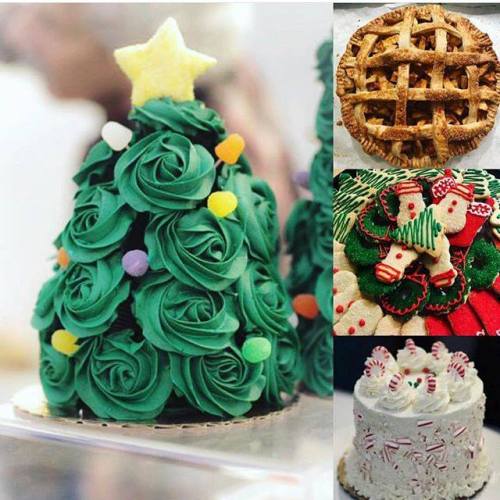 A festive display of holiday desserts: a green rose-shaped cake, a lattice pie, decorated cookies, and a peppermint cake.