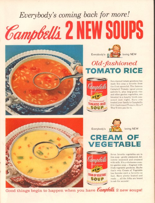 Advertisement for Campbell's new soups featuring Tomato Rice and Cream of Vegetable, with colorful bowls and cans.