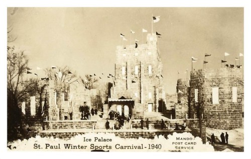 Black and white photo of the Ice Palace at the St. Paul Winter Sports Carnival, 1940, with flags and crowds.