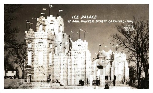 Black and white postcard of the Ice Palace at the St. Paul Winter Sports Carnival, 1944, featuring a grand ice structure.