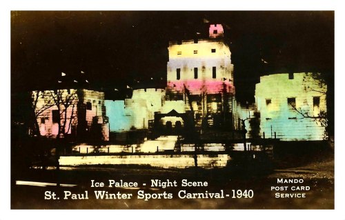 Colorful lights illuminate the Ice Palace at the St. Paul Winter Sports Carnival, 1940, in a night scene.
