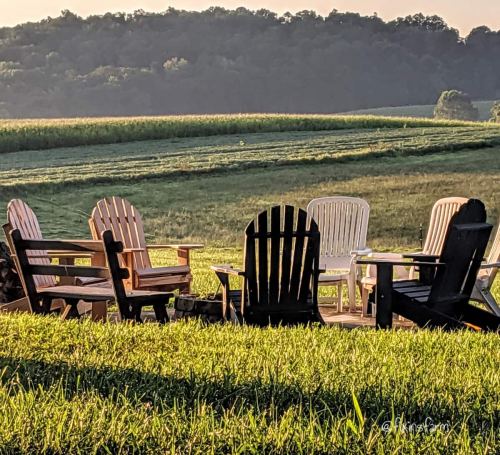 A circle of wooden chairs on a grassy field, with rolling hills and trees in the background under a warm sunset.