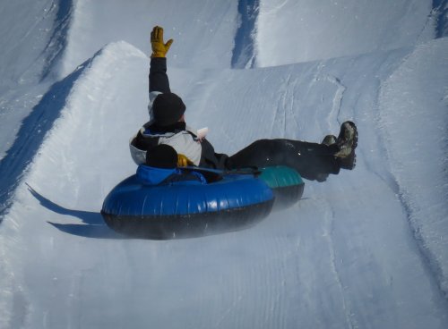A person in a blue and black snow tube slides down a snowy slope, raising one hand in excitement.