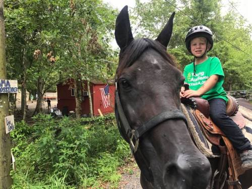 A young child wearing a helmet smiles while riding a black horse in a wooded area with a red building in the background.