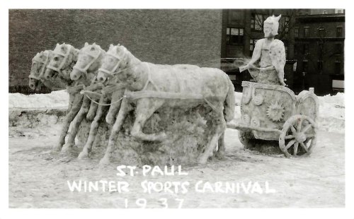 Black and white photo of a snow sculpture depicting a horse-drawn carriage at the St. Paul Winter Sports Carnival, 1937.