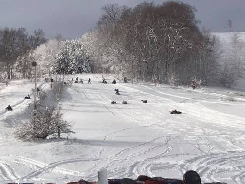 A snowy hill with people sledding down, surrounded by trees and a winter landscape.
