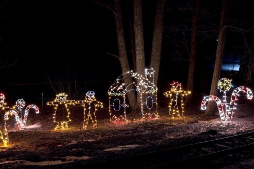 Colorful holiday lights depict children, a house, and candy canes in a dark, wooded area.