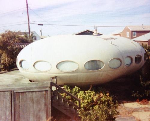 A futuristic, oval-shaped house with large windows, surrounded by greenery and a wooden deck.