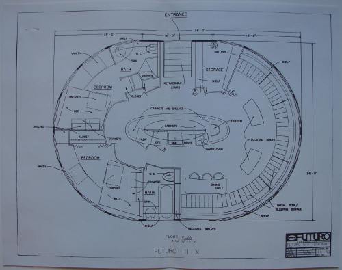 Blueprint of a Futuro II-X house, featuring circular layout with rooms labeled: bedrooms, bath, kitchen, and storage.