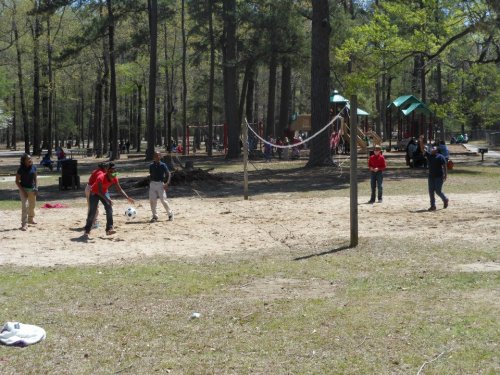 A group of people playing soccer in a park surrounded by trees and picnic areas.