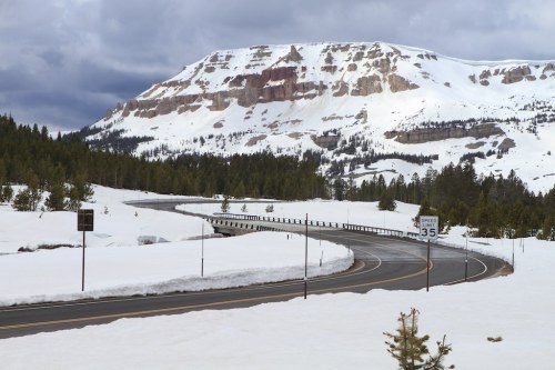 A winding road through a snowy landscape, with a mountain in the background and trees lining the sides.