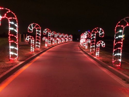 A dark road lined with illuminated candy cane decorations in red and white lights.