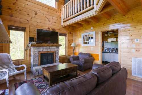 Cozy cabin interior with wooden walls, a stone fireplace, leather sofas, and a TV, surrounded by natural light.