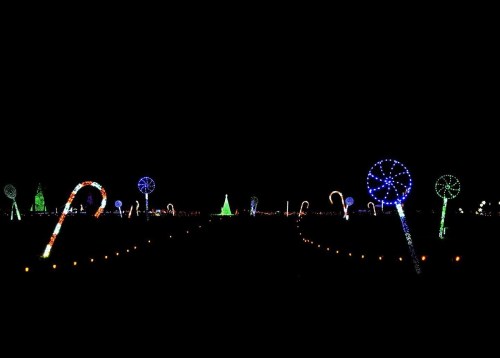 Colorful holiday lights in various shapes, including candy canes and trees, illuminate a dark landscape.