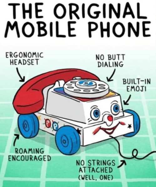 A playful illustration of a toy phone labeled "The Original Mobile Phone" with humorous features and descriptions.