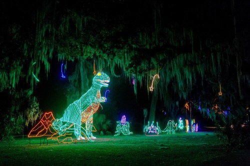 Colorful dinosaur and other illuminated decorations in a dark, tree-lined park setting.