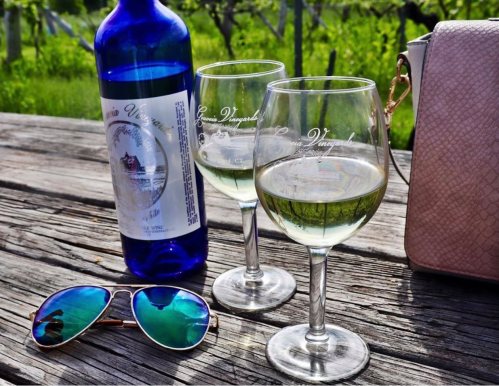 Two glasses of white wine beside a blue bottle, sunglasses, and a pink bag on a wooden table in a vineyard setting.