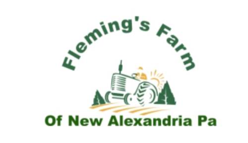 Logo for Fleming's Farm, featuring a tractor and trees, with the text "Fleming's Farm of New Alexandria Pa."