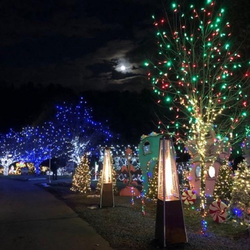 A festive scene with colorful holiday lights on trees, candy canes, and a bright moon in a dark sky.