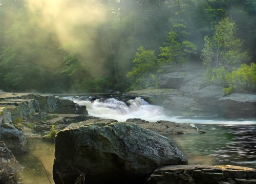 A serene river flows over rocks, surrounded by misty trees and soft morning light.