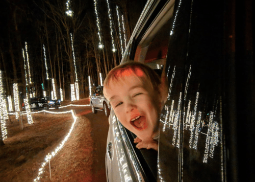 A joyful child leans out of a car window, surrounded by glowing lights in a dark, wooded area.