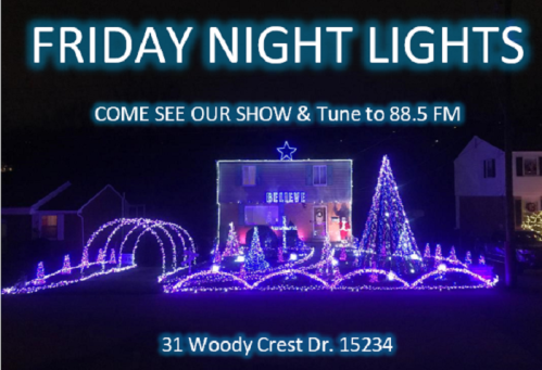 A brightly lit house decorated with colorful lights for "Friday Night Lights," inviting viewers to tune in to 88.5 FM.