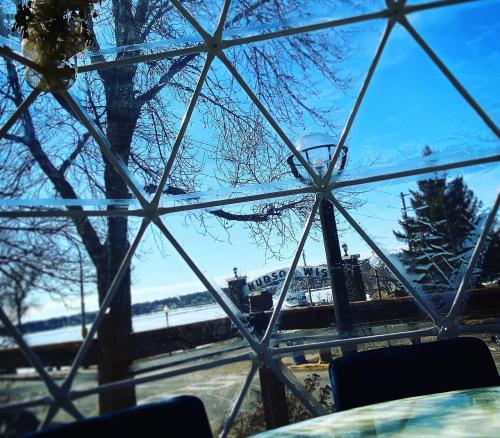 View through a geodesic dome, showcasing trees and a river with a boat dock in the background under a clear blue sky.