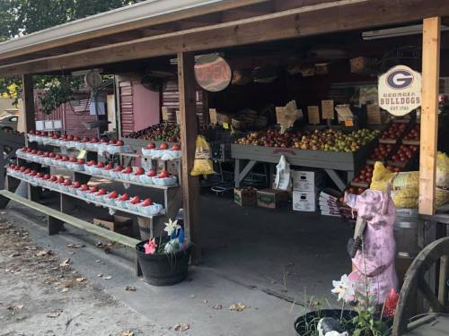 A roadside market with fresh produce, including apples and strawberries, and a sign that says "Open."