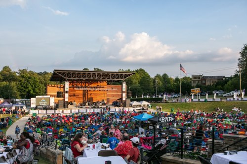 A lively outdoor concert scene with a large crowd seated on lawn chairs, a stage in the background, and a clear sky.
