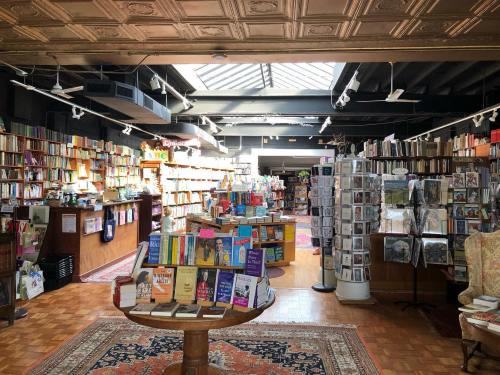 A cozy bookstore filled with shelves of books, a central display table, and natural light streaming through the skylight.