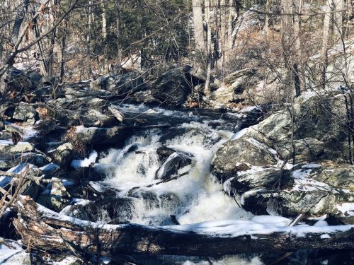 A flowing stream cascades over rocks, surrounded by trees and patches of snow in a serene winter landscape.