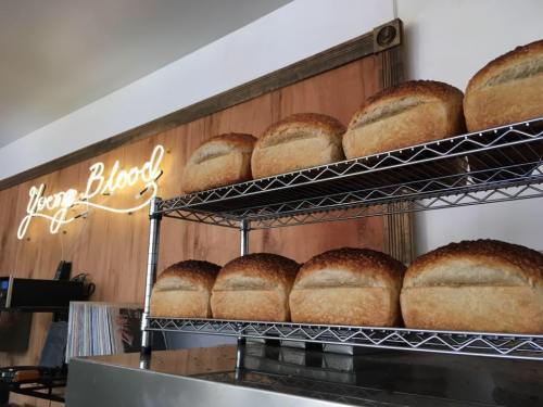 Freshly baked loaves of bread on a wire rack, with a neon sign reading "Yezo Blood" in the background.