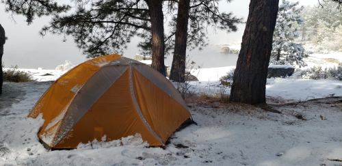 An orange tent sits on a snowy ground near a lake, surrounded by tall trees in a winter landscape.