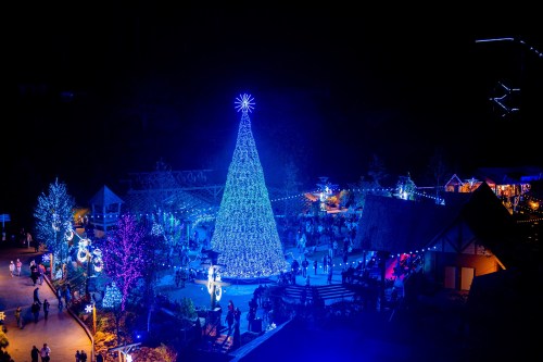 A brightly lit Christmas tree surrounded by festive lights and people enjoying a holiday market at night.