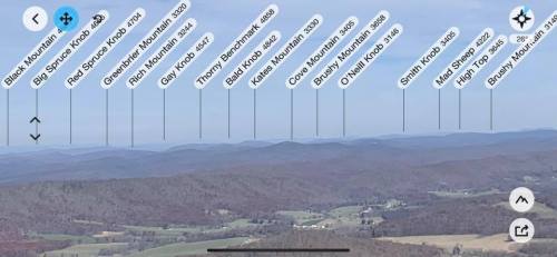 A panoramic view of mountains with labeled peaks, including Black Mountain, Rich Mountain, and Brushy Mountain.