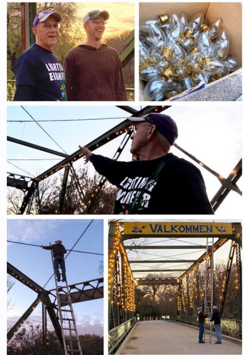 A collage of two men smiling, a box of lights, a man pointing on a bridge, and a lit bridge with "Valkommen" sign.