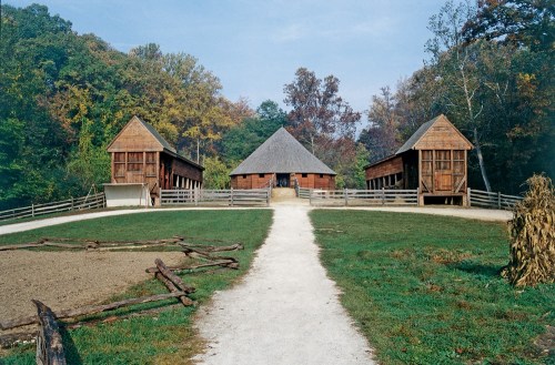 A scenic view of a farm with two wooden barns flanking a path leading to a central barn, surrounded by trees.