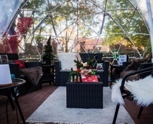 Cozy indoor dome with festive decor, plush seating, and drinks on a table, surrounded by greenery and twinkling lights.