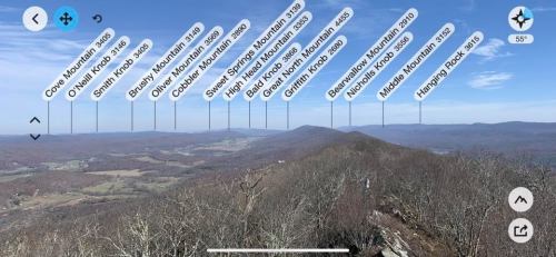 A panoramic view from a mountain summit, labeled with nearby peaks and their elevations.