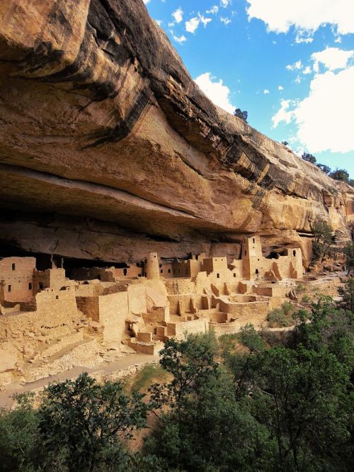 Ancient cliff dwellings nestled under a rocky overhang, surrounded by greenery and blue skies.