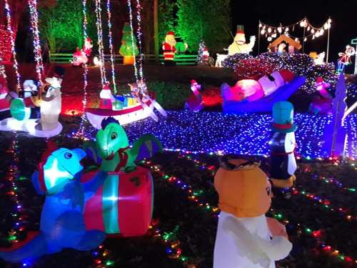 Colorful holiday decorations featuring inflatable characters, lights, and festive scenes in a nighttime garden display.