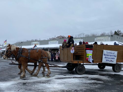 A horse-drawn wagon carries people through a snowy area, with shops and flags in the background.
