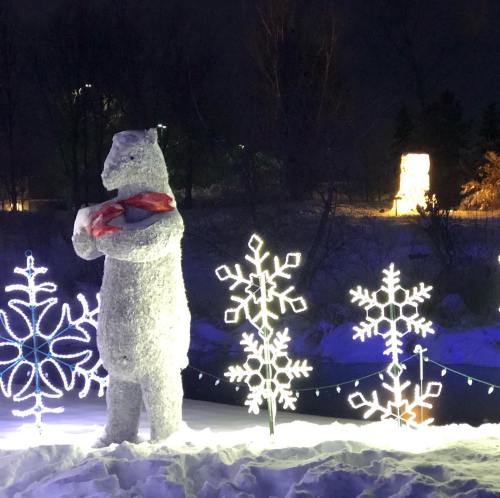 A snowy bear statue wearing a red scarf stands among illuminated snowflakes at night.