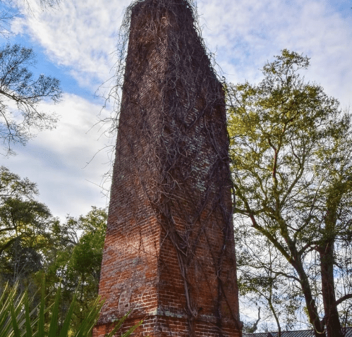 A tall, brick chimney covered in vines, surrounded by trees and a cloudy sky.