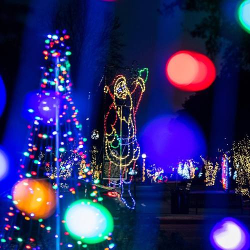 Colorful holiday lights illuminate a park, featuring a large Santa figure and decorated trees in the background.