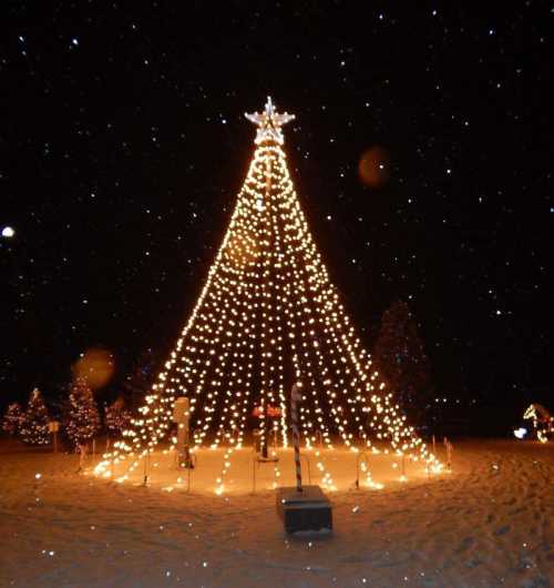 A beautifully lit Christmas tree with a star on top, surrounded by snowflakes in a dark night sky.