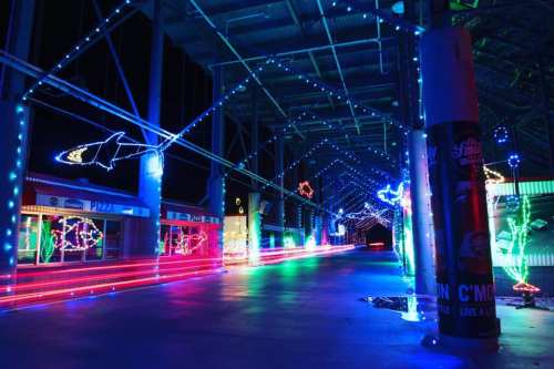 Colorful lights illuminate a covered walkway, featuring fish and marine-themed decorations in a vibrant display.