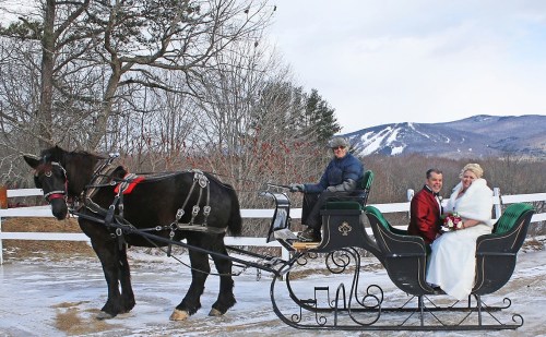 A couple in winter attire sits in a horse-drawn sleigh, with a driver in front, surrounded by snowy mountains and trees.