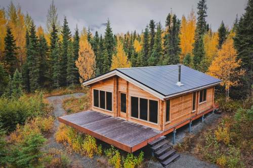 A modern wooden cabin surrounded by vibrant autumn foliage and tall evergreen trees.
